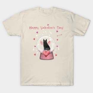 Happy valentines black cat. Cute cat and red hearts. T-Shirt